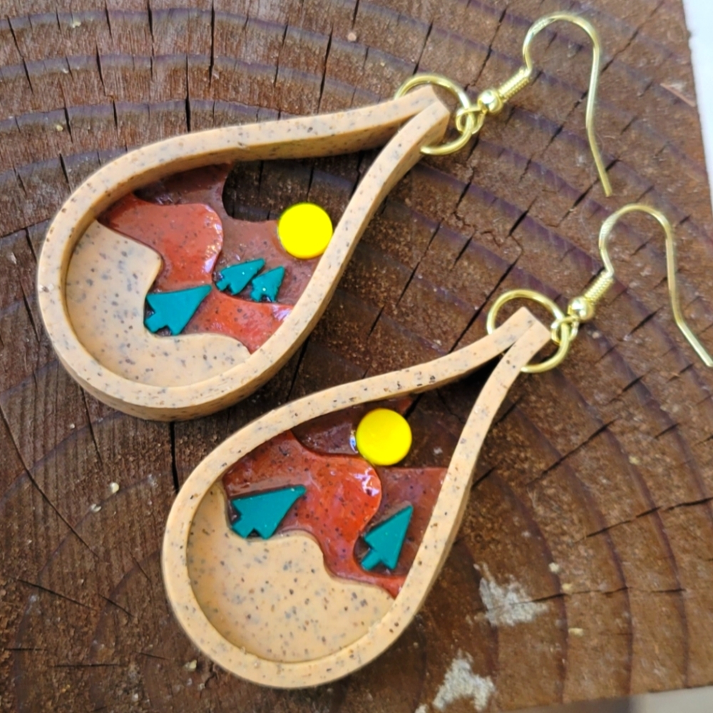 Landscape Polymer Clay Earrings with Trees, Hills and Sun